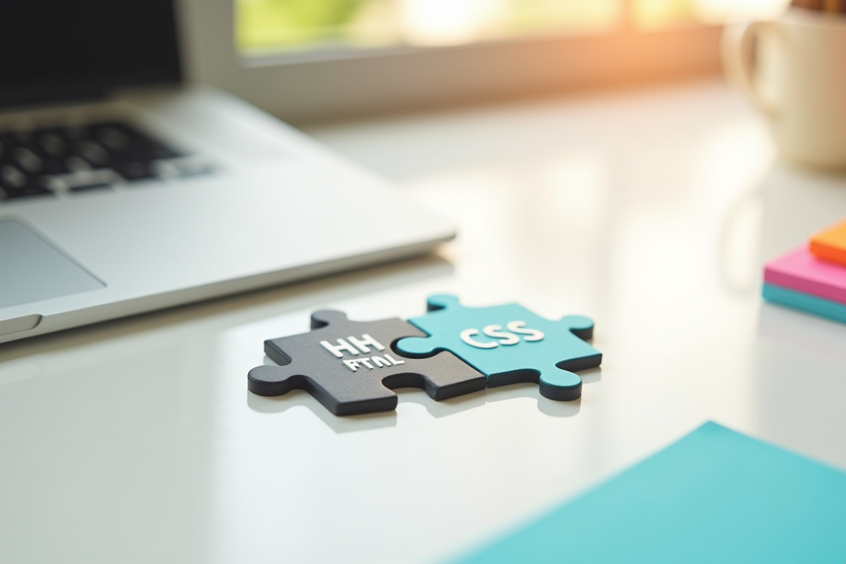 Deux pièces de puzzle HTML et CSS sur un bureau blanc lumineux