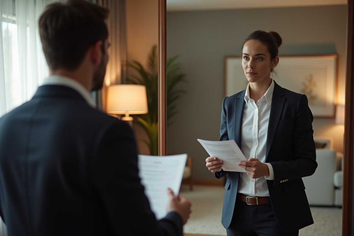 Chercheur d emploi pratiquant une présentation devant un miroir à la maison