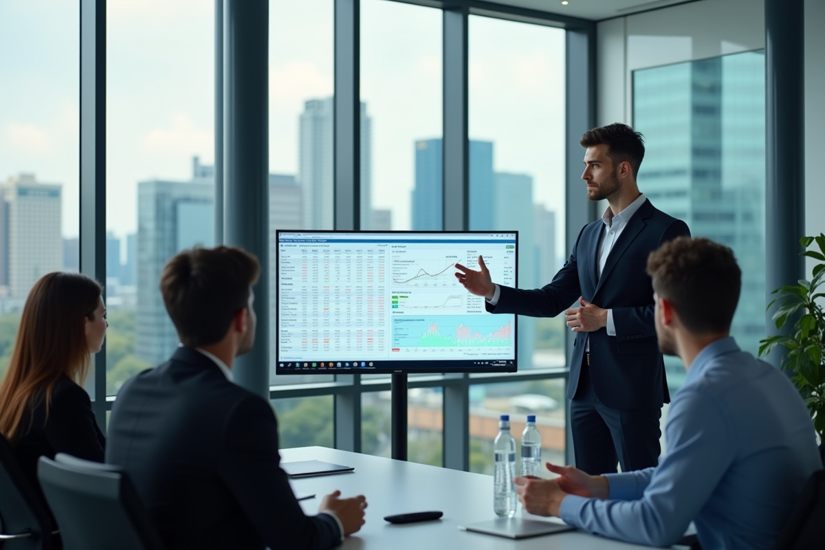 Jeune professionnel présentant des données financières en entreprise