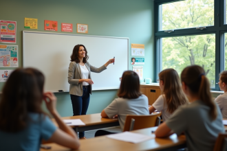 Jeune femme enseignante en classe moderne avec élèves attentifs