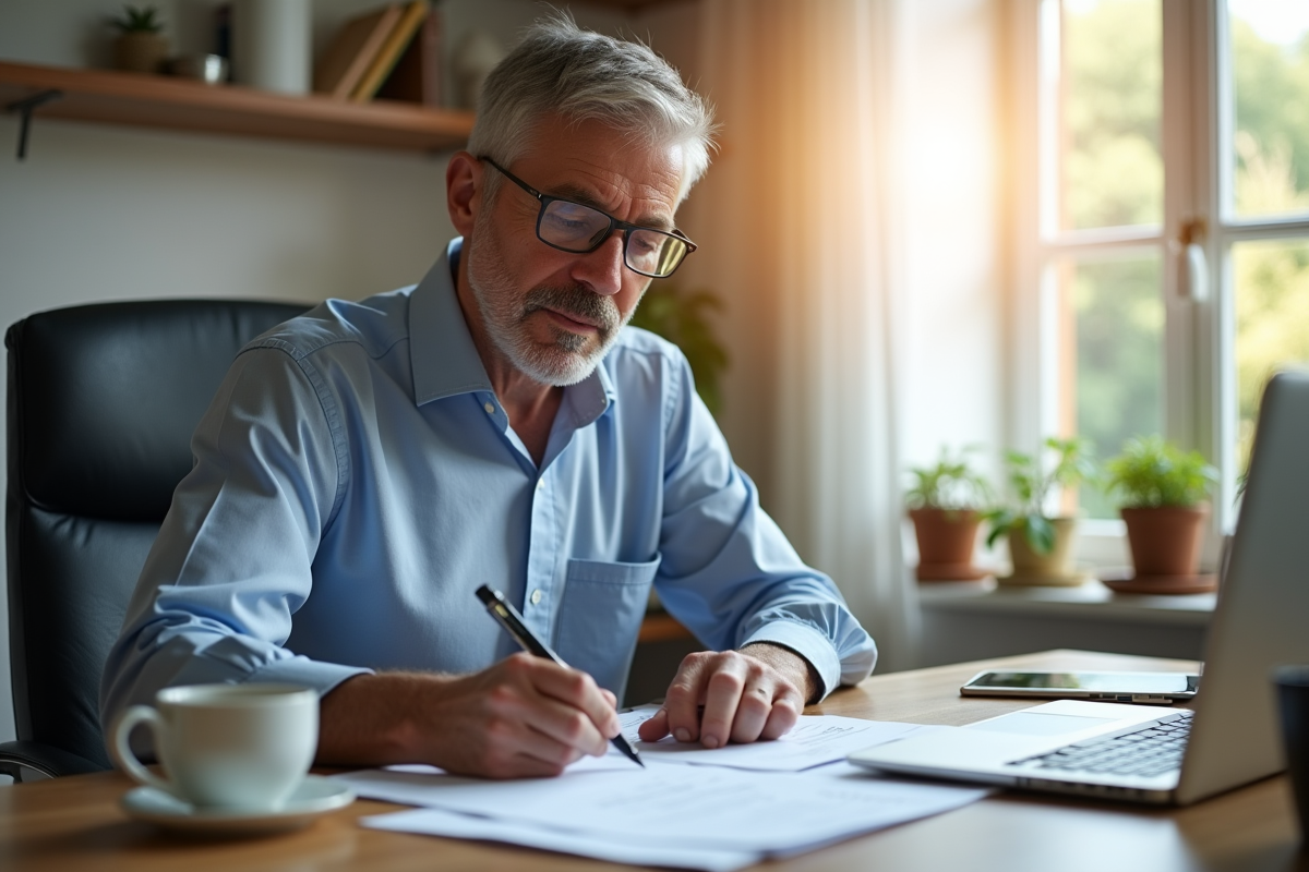 Professionnel remplissant des formulaires financiers à domicile