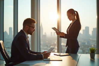 Deux professionnels en bureau moderne avec skyline en arrière-plan