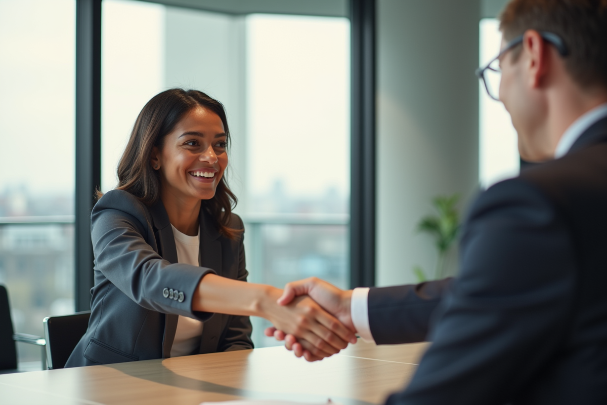 Jeune professionnel souriant lors d'une poignée de main avec un recruteur dans un bureau moderne