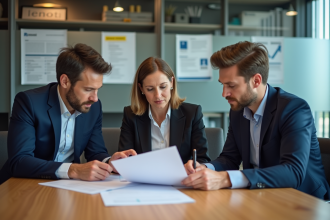 Groupe de trois professionnels examinant des documents de formation