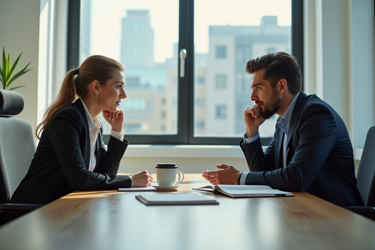 Femme et homme d'affaires discutant au bureau lumineux