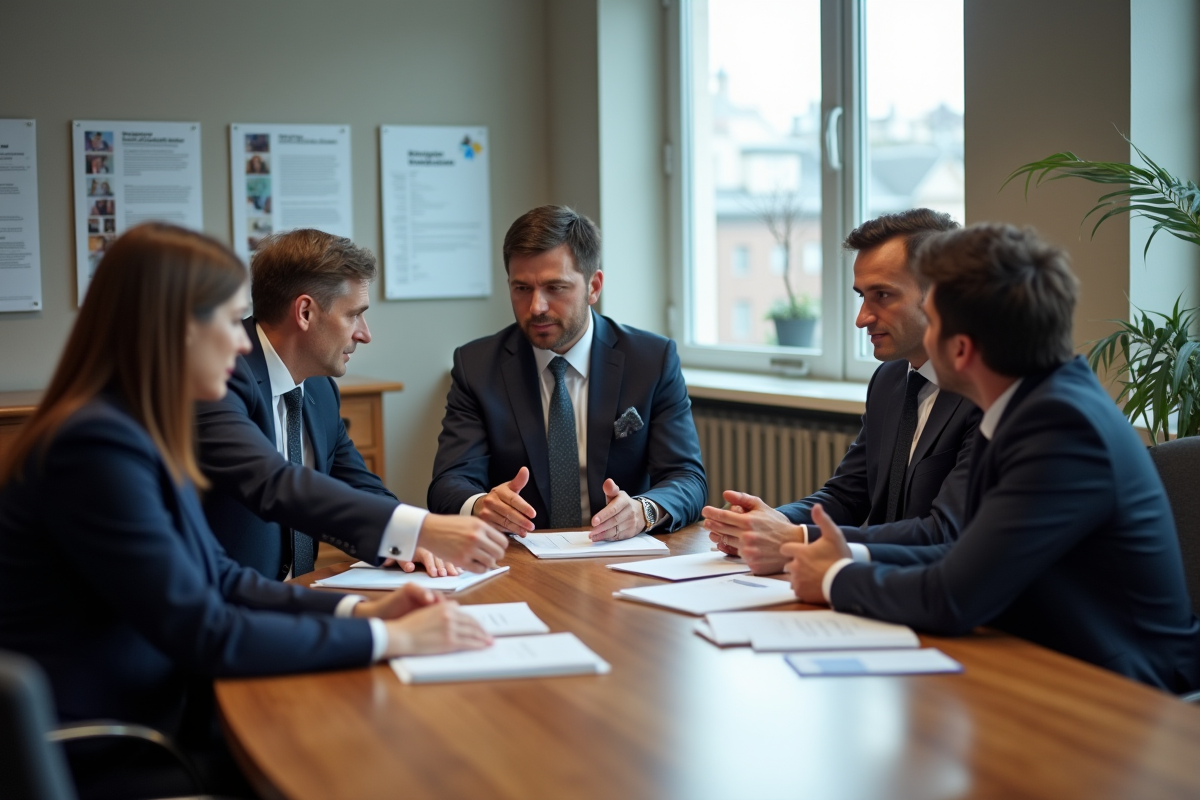 Groupe de collègues en réunion dans une salle de mairie