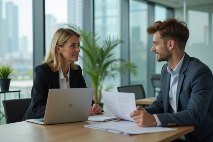 Femme et homme en réunion de travail dans un bureau moderne