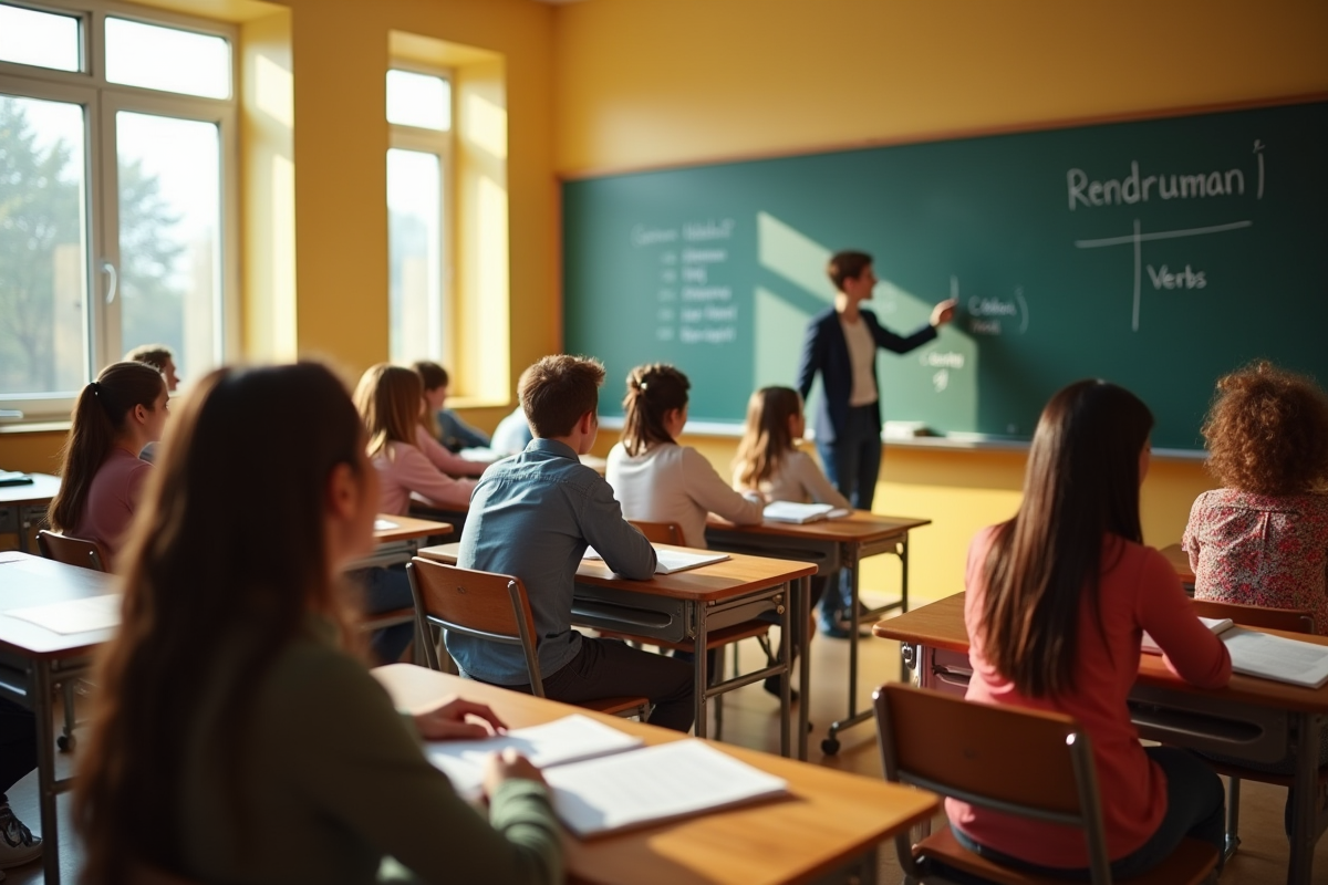 Salle de classe lumineuse avec élèves et professeur en pleine leçon de grammaire