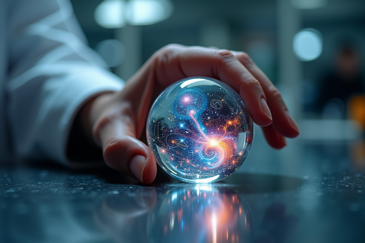 Main d'un scientifique tenant une sphère cosmique symbolisant l'univers