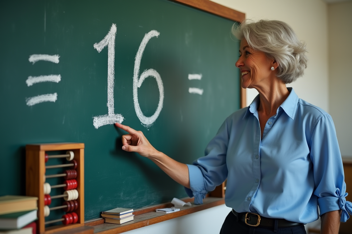 Tableau noir avec le chiffre 16 et une femme expliquant